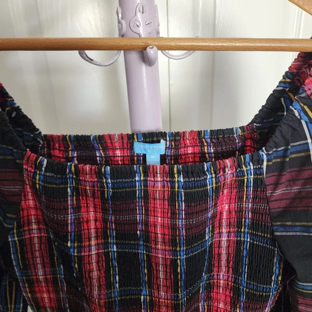 Draper James RSVP Elbow Sleeve Smocked Peplum Top, Size M, Plaid - Picture 3 of 5
